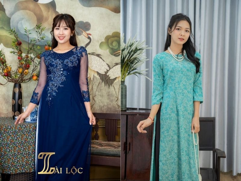 Áo dài trung niên cổ tròn thêu hoa cúc