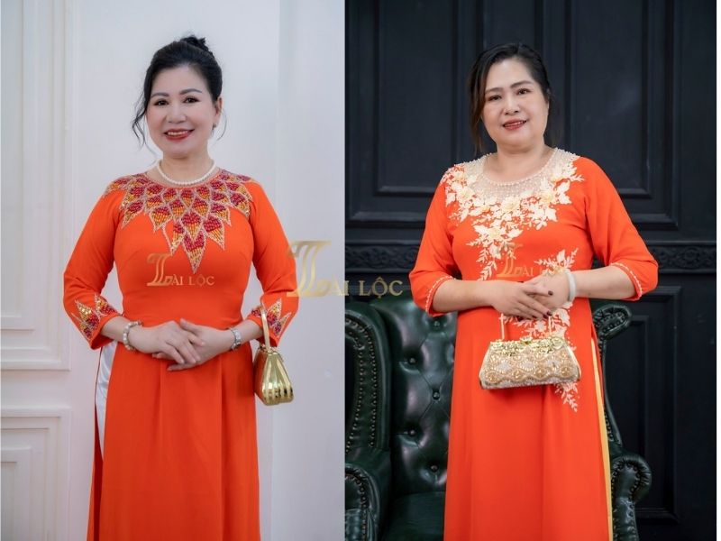 Mẫu áo dài trung niên sang trọng đính đá pha lưới cổ