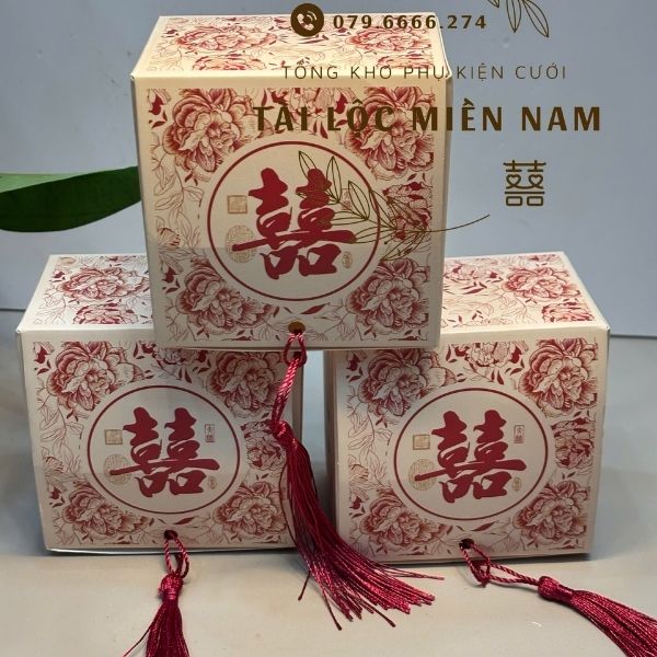 Hộp tua chữ hỷ kem (100 Hộp)